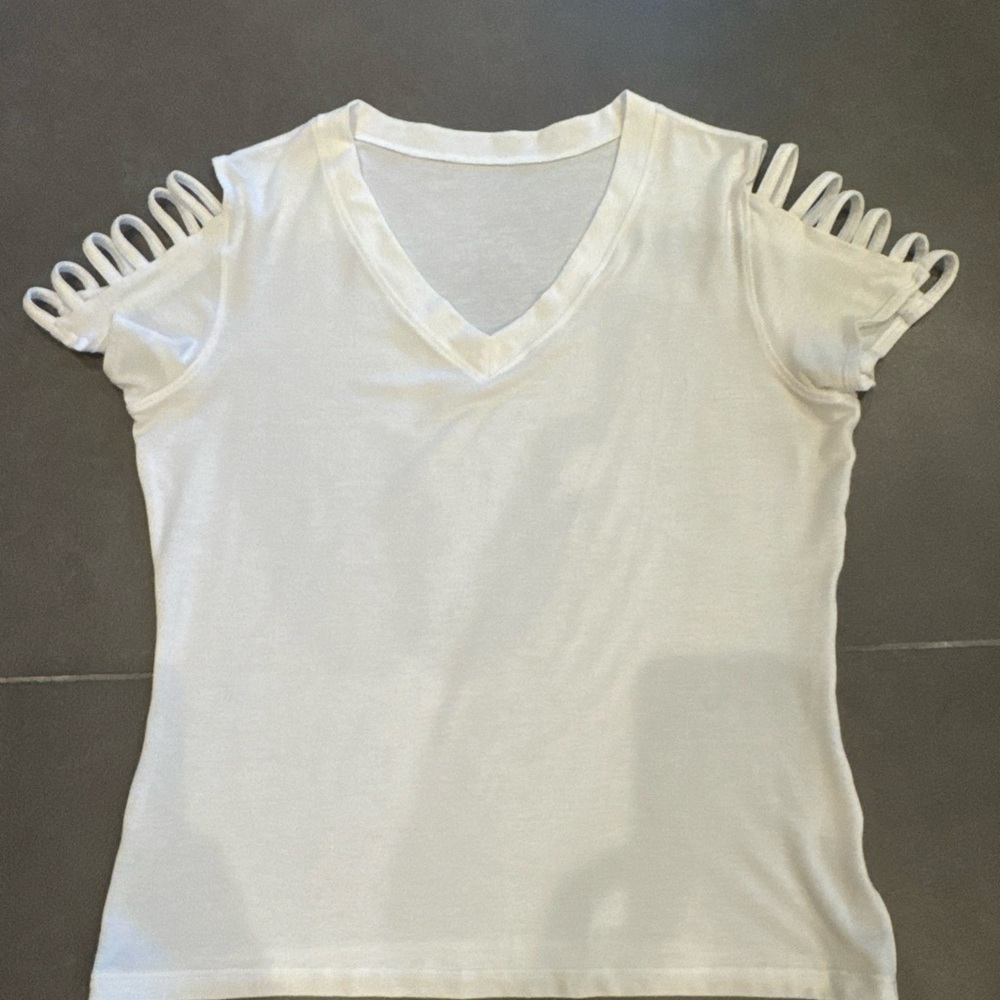 White Bombshell Sportswear V-Neck Top with Unique Sleeve Design